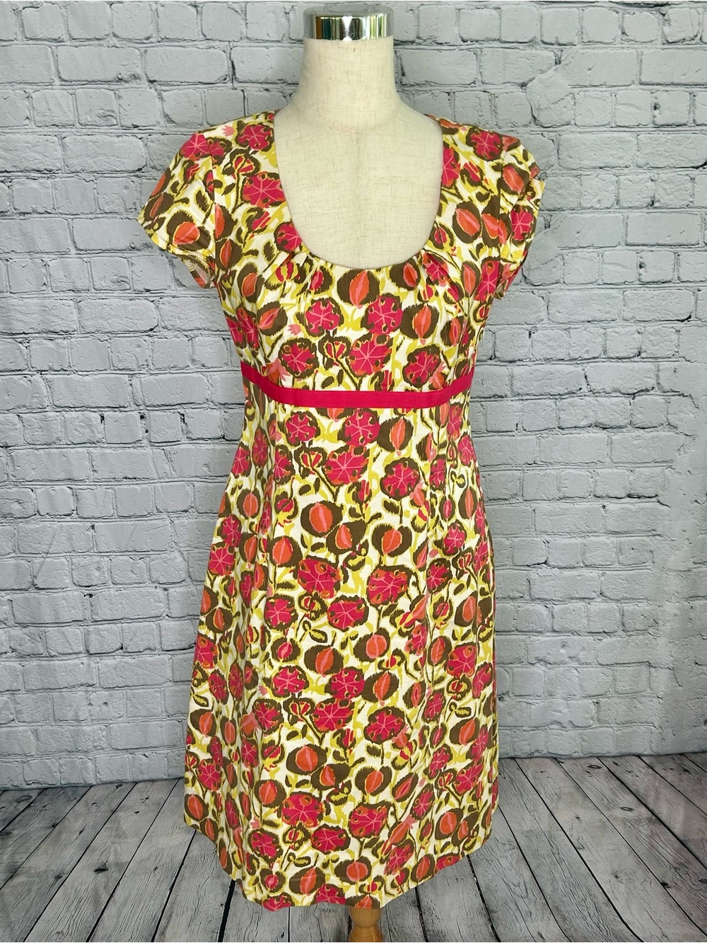 Boden Pink Floral Scoop-Neck Midi Dress Wedding Guest Summer Party Size 8